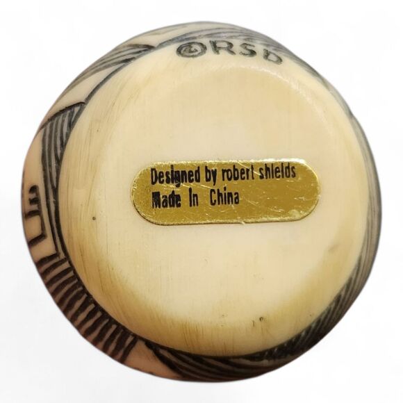 Robert Shields Miniature Vase Ornament 1-1/2"H, Cream with black carved lines - Picture 2 of 6